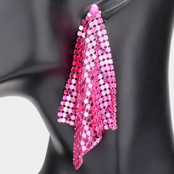 Pink Mesh Chain Dangle Earrings Drop Metal Cute Beautiful Statement Accessory - Picture 2 of 4